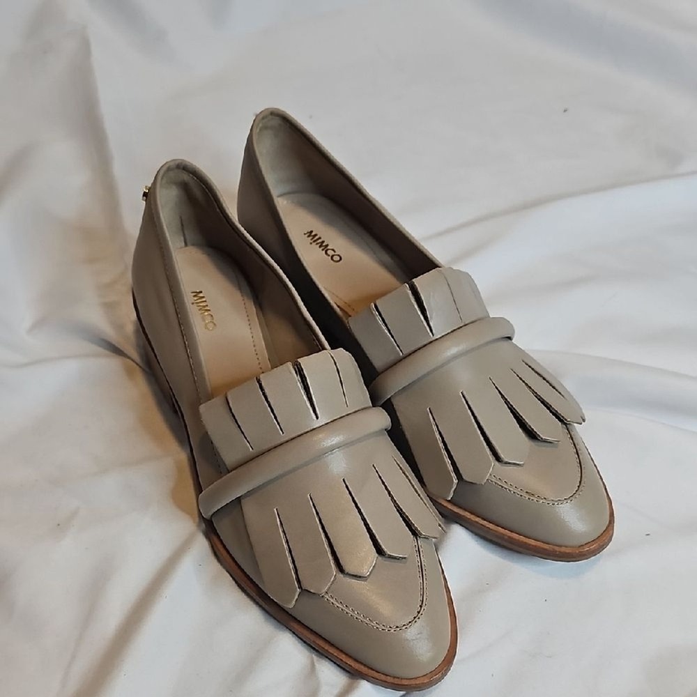 Mimco Tan Leather Loafers Fringe Detail Pointed Toe‎ Block Heel Women Shoes